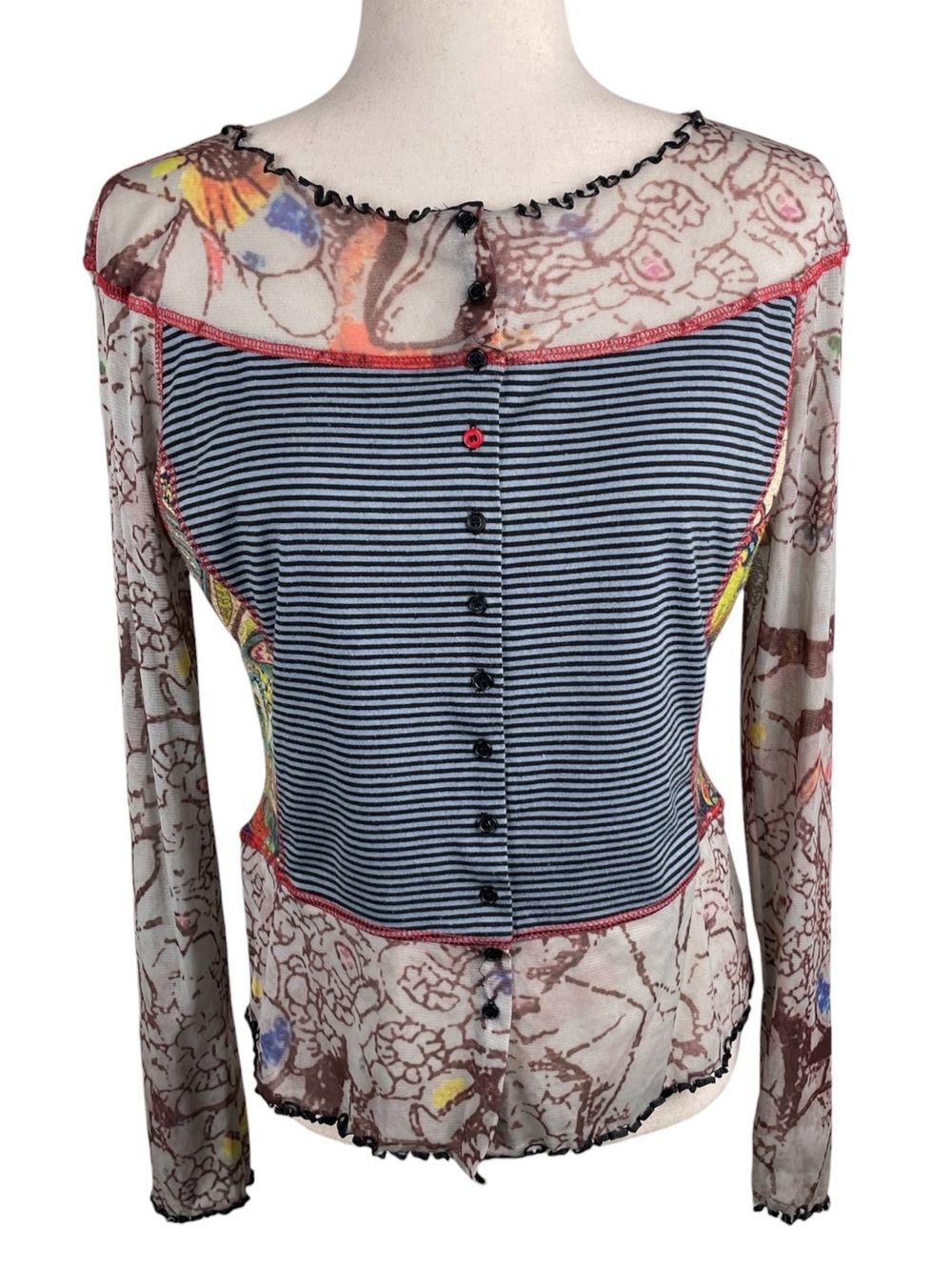 Lulu-H Mixed Media Mesh Striped Button Down Long Sleeve Top XL Artsy Y2K Grunge